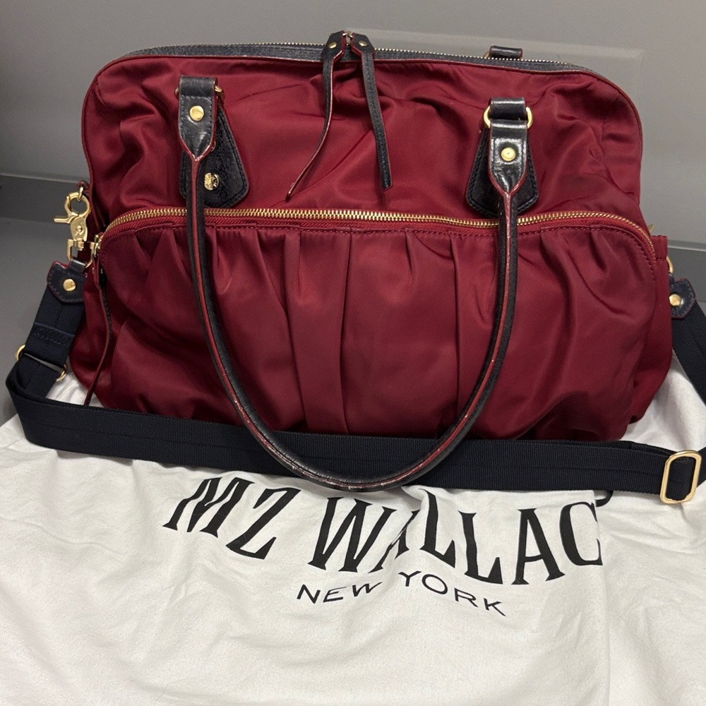 MZ Wallace Dark Red Nylon Satchel with Navy Accents